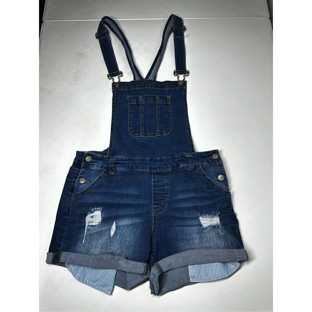 Wax Jean Women's Blue Denim Distressed Stretch Overalls Romper Shorts Size L